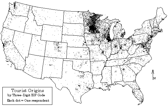 Dot map of tourist origins